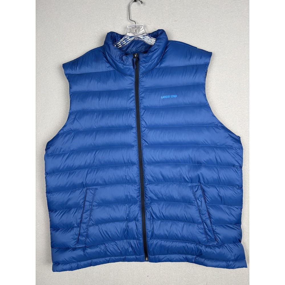 Lands End Vest Mens 2XL Tall Blue Down Puffer Quilted Packable Nylon Outerwear